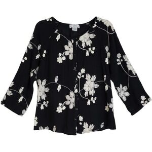 Once 1 Again Womens XL Black Cotton Gauze Floral Embroidered Button Front Blouse